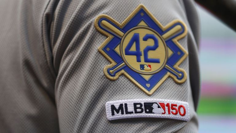 A detail honoring Jackie Robinson on the unifrom of the Baltimore Orioles during the second inning against the Boston Red Sox at Fenway Park on April 15, 2019