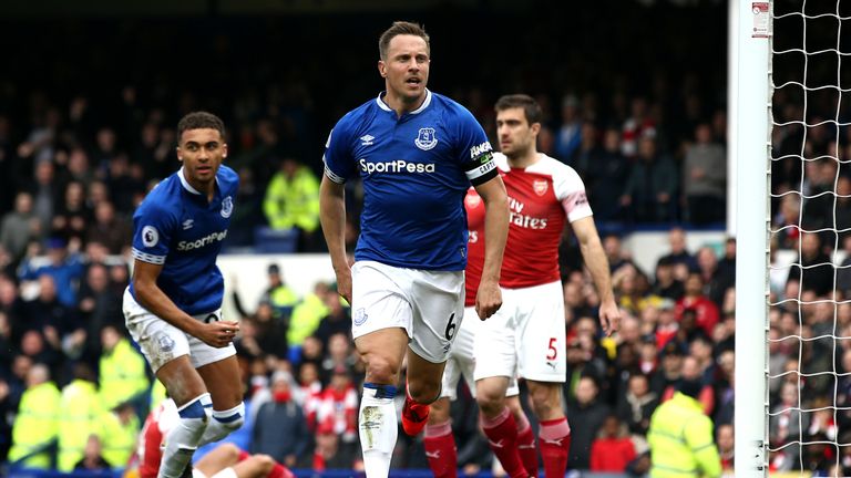 Phil Jagielka celebrates opening the scoring for Everton against Arsenal