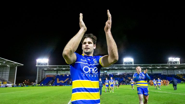 07/03/2019 - Rugby League - Betfred Super League - Warrington Wolves v Castleford Tigers - Halliwell Jones Stadium, Warrington, England - Warrington's Jake Mamo thanks the fans for their support after victory over Castleford.