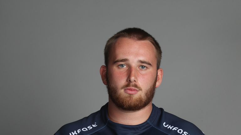 Jake Pope of Sale Sharks poses for a portrait during the Sale Sharks squad photo call for the 2018-19 Gallagher Premiership Rugby season at AJ Bell Stadium on August 7, 2018 in Salford, England.