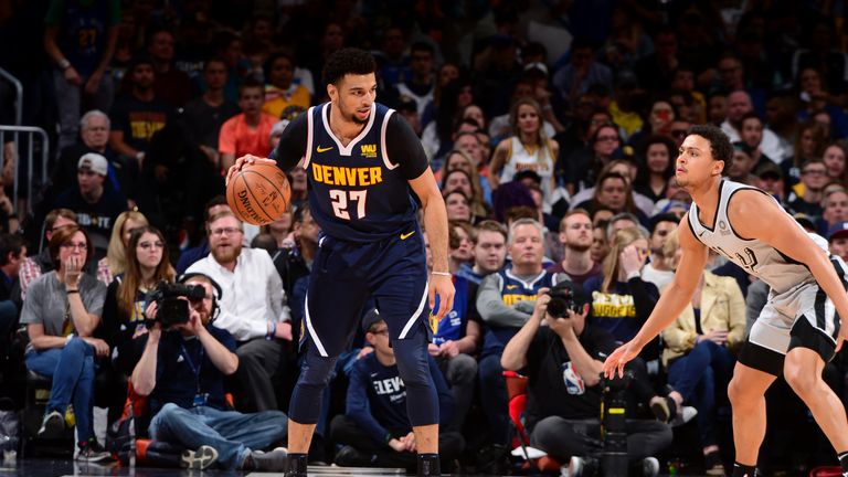 Jamal Murray #27 of the Denver Nuggets handles the ball against the San Antonio Spurs during Game Seven of Round One of the 2019 NBA Playoffs on April 27, 2019