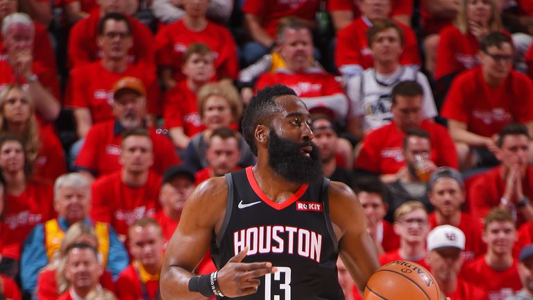 James Harden #13 of the Houston Rockets handles the ball during the game against the Utah Jazz during Game Three of Round One of the 2019 NBA Playoffs on April 20, 2019 at the Vivint Smart Home Arena in Salt Lake City, Utah.