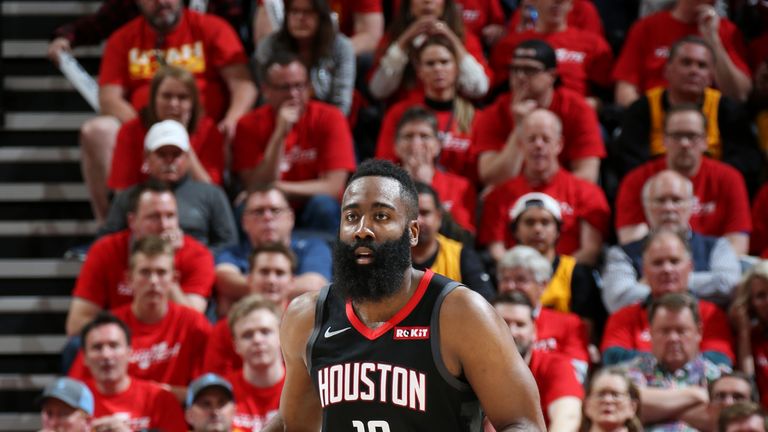 James Harden #13 of the Houston Rockets brings the ball up the court during Game Three of Round One of the 2019 NBA Playoffs on April 20, 2019 at vivint.SmartHome Arena in Salt Lake City, Utah. 