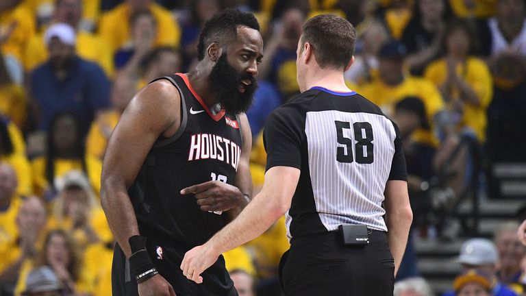 James Harden #13 of the Houston Rockets complains over a foul call on him against the Golden State Warriors to referee Josh Tiven #58 during Game One of the Second Round of the 2019 NBA Western Conference Playoffs at ORACLE Arena on April 28, 2019 in Oakland, California