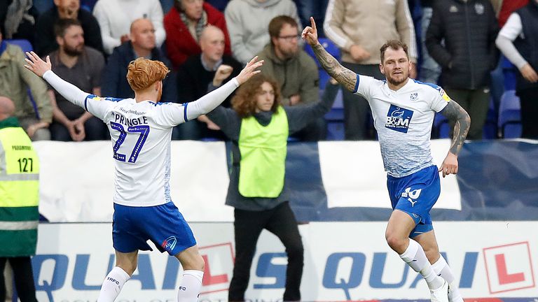 Tranmere Rovers' James Norwood (centre) celebrates scoring his side's first goal of the game during the Sky Bet League Two match at Prenton Park, Tranmere. PRESS ASSOCIATION Photo. Picture date: Tuesday April 30, 2019. See PA story SOCCER Tranmere. Photo credit should read: Martin Rickett/PA Wire