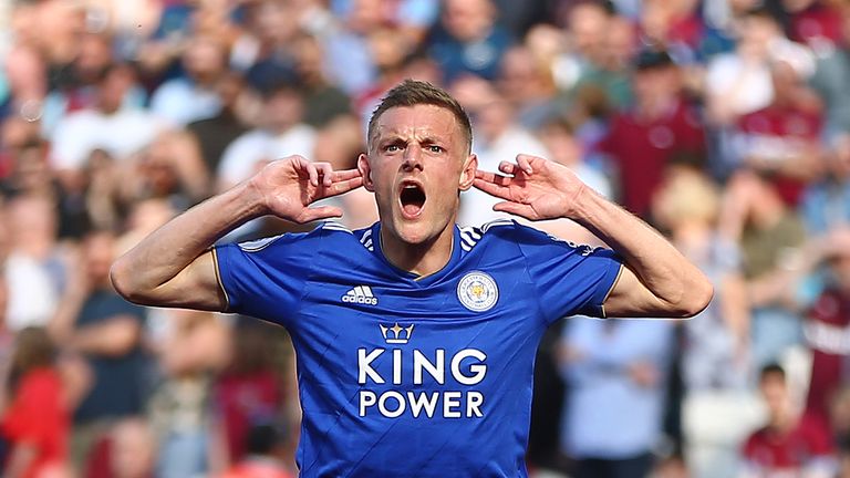Jamie Vardy cups his ears in celebration after equalising at the London Stadium