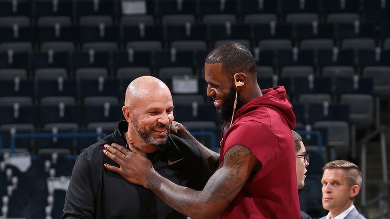  Jason Kidd of the Milwaukee Bucks and LeBron James #23 of the Cleveland Cavaliers talk before the game on October 20, 2017 at the BMO Harris Bradley Center in Milwaukee, Wisconsin. 
