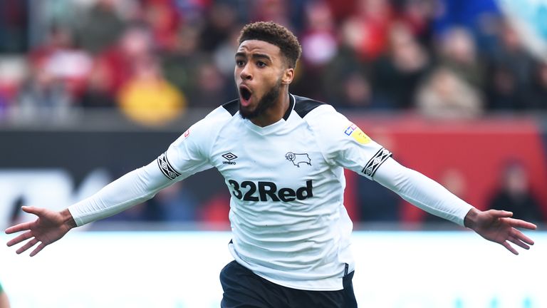 Jayden Bogle of Derby County celebrates as he scores their second goal 