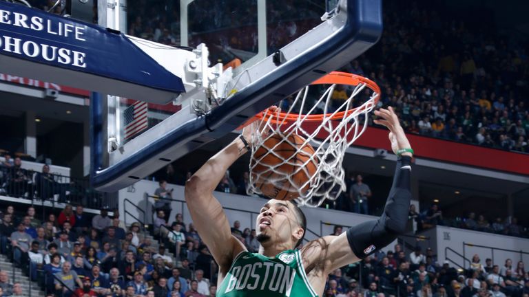 Jayson Tatum #0 of the Boston Celtics dunks the ball against the Indiana Pacers on April 5, 2019 at Bankers Life Fieldhouse in Indianapolis, Indiana.