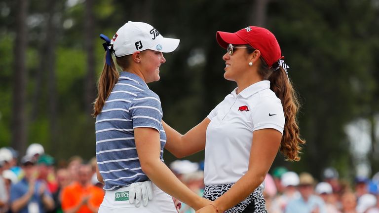 Jennifer Kupcho is congratulated on her victory in the Augusta National Women's Amateur by Maria Fassi