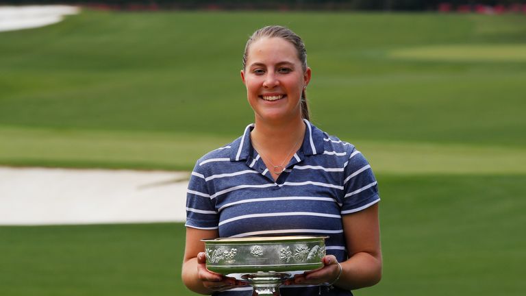 Jennifer Kupcho of the United States celebrates with the trophy after winning the Augusta National Women&#39;s Amateur at Augusta National Golf Club