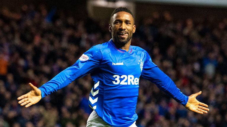 Jermain Defoe celebrates after scoring to make it 1-0 Rangers