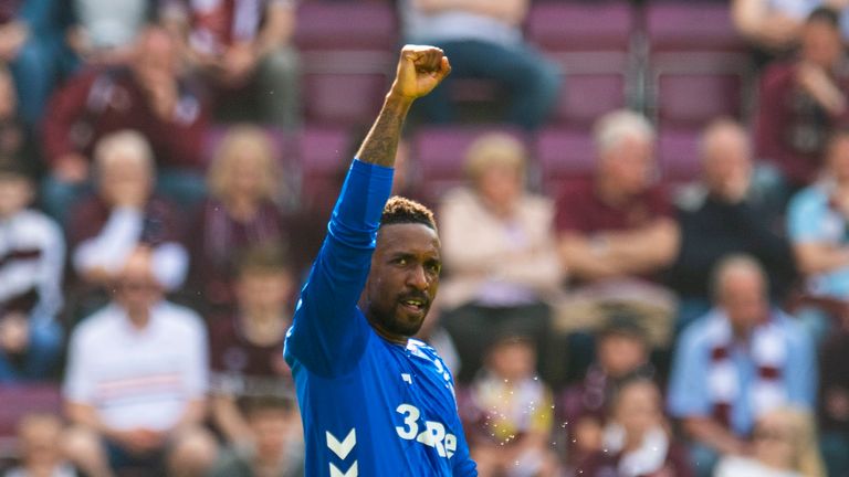 Jermain Defoe celebrates after scoring to make it 1-0 to Rangers at Hearts