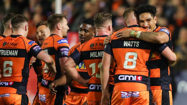 Castleford's Jesse Sene-Lefao celebrates the win with Liam Watts