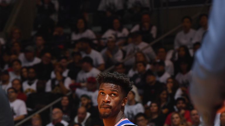 Jimmy Butler #23 of the Philadelphia 76ers looks on against the Toronto Raptors during Game One of the Eastern Conference Semi-Finals of the 2019 NBA Playoffs on April 27, 2019 at the Scotiabank Arena in Toronto, Ontario, Canada.