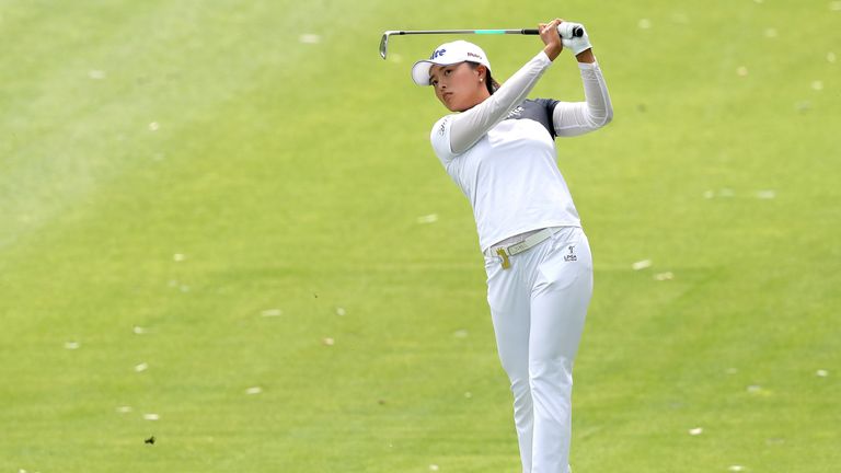 Jin Young Ko of Korea hits out of the fourth fairway during round 3 of the ANA Inspiration on the Dinah Shore course at Mission Hills Country Club on April 06, 2019 in Rancho Mirage, California.