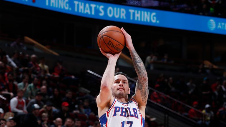 JJ Redick #17 of the Philadelphia 76ers shoots the ball against the Chicago Bulls on April 6, 2019 at United Center in Chicago, Illinois.