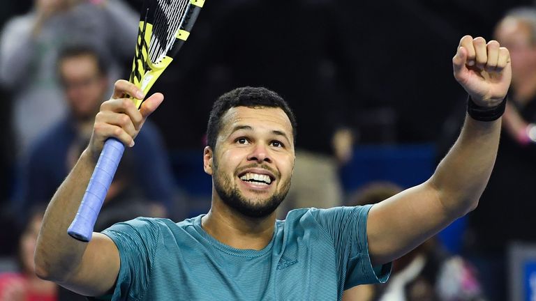 France's Jo-Wilfried Tsonga celebrates after winning the final of the Open Sud de France ATP World Tour in Montpellier, southern France, on February 10, 2019. - Jo-Wilfried Tsonga won the Montpellier ATP title with a 6-4, 6-2 win over compatriot Pierre Hugues Herbert. 