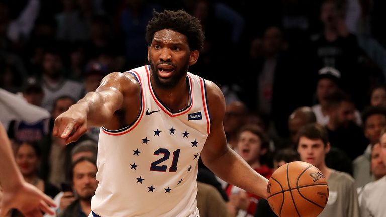 Joel Embiid #21 of the Philadelphia 76ers calls out a play in the second half against the Brooklyn Nets at Barclays Center on April 20, 2019 in the Brooklyn borough of New York City.The Philadelphia 76ers defeated the Brooklyn Nets 112-108. 