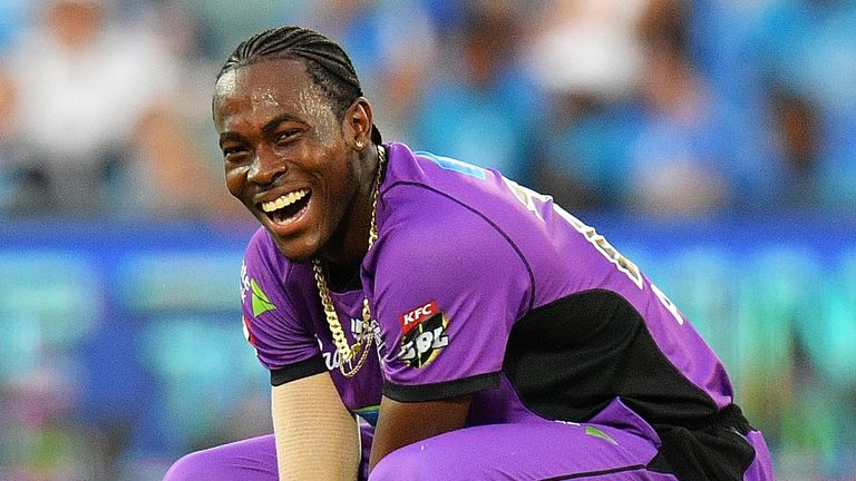 Jofra Archer of the Hobart Hurricanes looks on during the Big Bash League match between the Adelaide Strikers and the Hobart Hurricanes at Adelaide Oval on January 21, 2019 in Adelaide, Australia. 