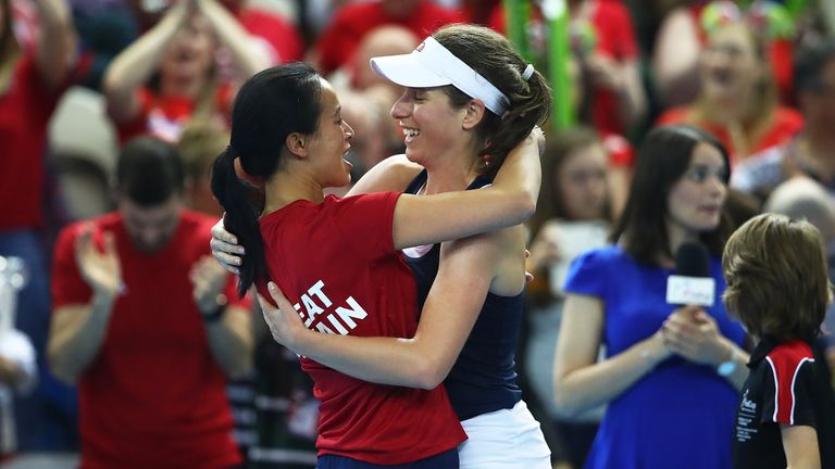 Captain Anne Keothavong congratulates Johanna Konta of Great Britain after she defeated Yulia Putintseva of Kazakhstan during the Fed Cup World Group II Play-Off match between Great Britain and Kazakhstan at Copper Box Arena on April 21, 2019 in London, England.