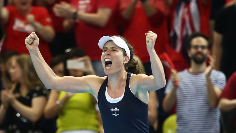 Johanna Konta of Great Britain celebrates at match after defeating Yulia Putintseva of Kazakhstan during the Fed Cup World Group II Play-Off match between Great Britain and Kazakhstan at Copper Box Arena on April 21, 2019 in London, England.