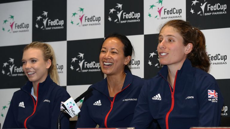 Johanna Konta speaks to reporters, alonside Anne Keothavong and Katie Boulter, after Great Britain's World Group II promotion