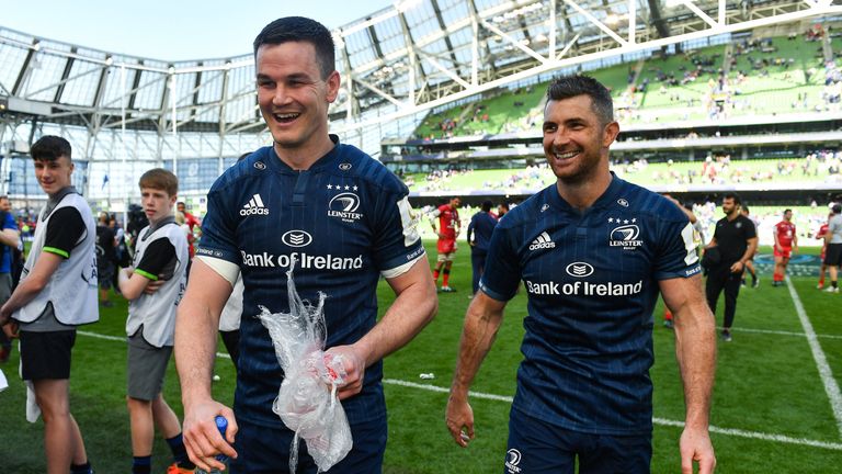 Jonathan Sexton (L) and Rob Kearney celebrate after the Heineken Champions Cup Semi-Final 