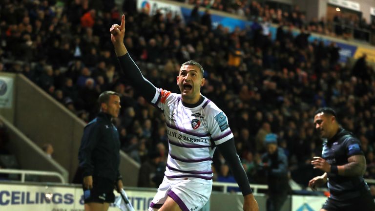 Jonny May celebrates a try for Leicester in the Falcons' last outing