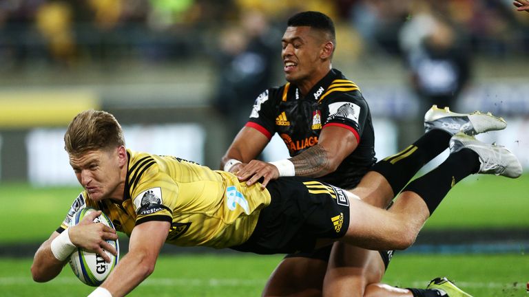 Jordie Barrett scoring a try for the Hurricanes against the Chiefs in Super Rugby