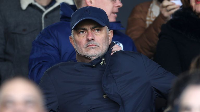 Jose Mourinho is seen in the stands at Craven Cottage prior to Fulham vs Everton