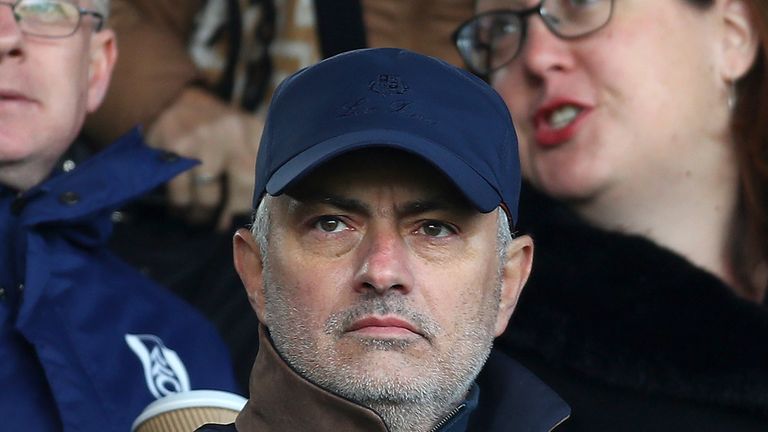 Jose Mourinho is seen in the stands at Craven Cottage prior to Fulham vs Everton