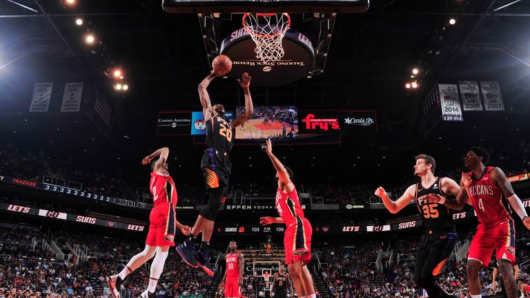 Josh Jackson #20 of the Phoenix Suns goes up for a dunk against the New Orleans Pelicans on April 5, 2019 at Talking Stick Resort Arena in Phoenix, Arizona.