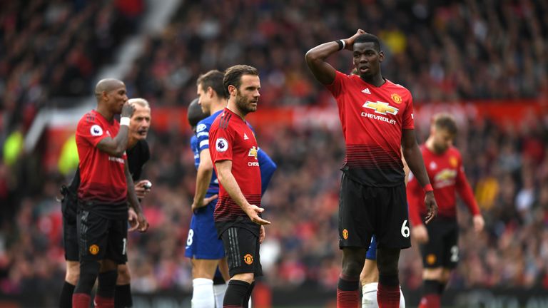 Juan Mata and Paul Pogba during the Premier League match vs Chelsea at Old Trafford