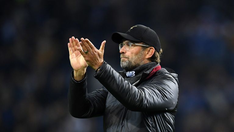 Jurgen Klopp, Manager of Liverpool shows appreciation to the fans after the UEFA Champions League Quarter Final second leg match between Porto and Liverpool at Estadio do Dragao on April 17, 2019 in Porto, Portugal. 