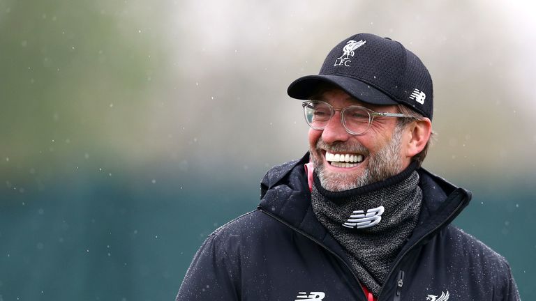 Jurgen Klopp smiles during first team training at Melwood on the eve of their UEFA Champions League quarter final, second leg against FC Porto