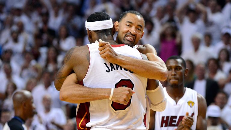 Juwan Howard #5 of the Miami Heat celebrates with LeBron James #6 late in the fourth quarter against the Oklahoma City Thunder in Game Five of the 2012 NBA Finals on June 21, 2012 at American Airlines Arena in Miami, Florida.