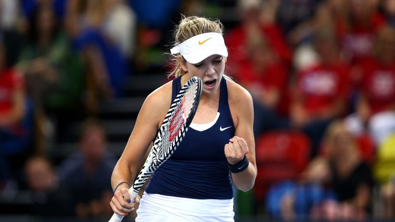 Katie Boulter of Great Britain celebrates winning a set during her second singles match against Kazakhstan's Zarina Diyas during the Fed Cup World Group II Play-Off match between Great Britain and Kazakhstan at Copper Box Arena on April 21, 2019 in London, England.