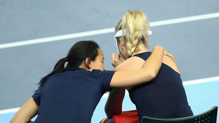 Katie Boulter of Great Britain with captain Anne Keothavong after her loss to Yulia Putintseva of Kazakhstan during the Fed Cup World Group II Play-Off match between Great Britain and Kazakhstan at Copper Box Arena on April 20, 2019 in London, England.