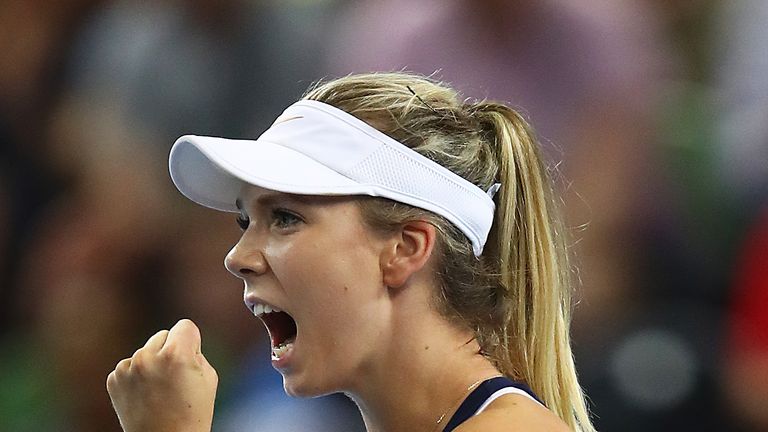 Katie Boulter of Great Britain celebrates taking the second set against Zarina Diyas of Kazakhstan during the Fed Cup World Group II Play-Off match between Great Britain and Kazakhstan at Copper Box Arena on April 21, 2019 in London, England.