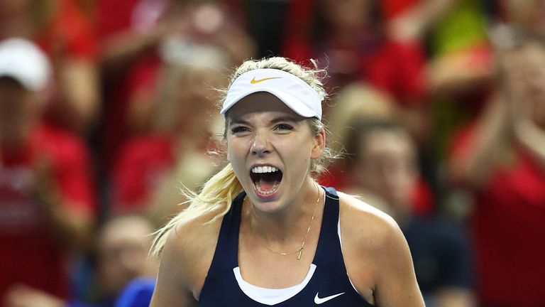 Katie Boulter celebrates confirming Great Britain's Fed Cup promotion to World Group level