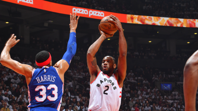 Kawhi Leonard #2 of the Toronto Raptors shoots the ball against the Philadelphia 76ers during Game One of the Eastern Conference Semi-Finals of the 2019 NBA Playoffs on April 27, 2019 at the Scotiabank Arena in Toronto, Ontario, Canada.