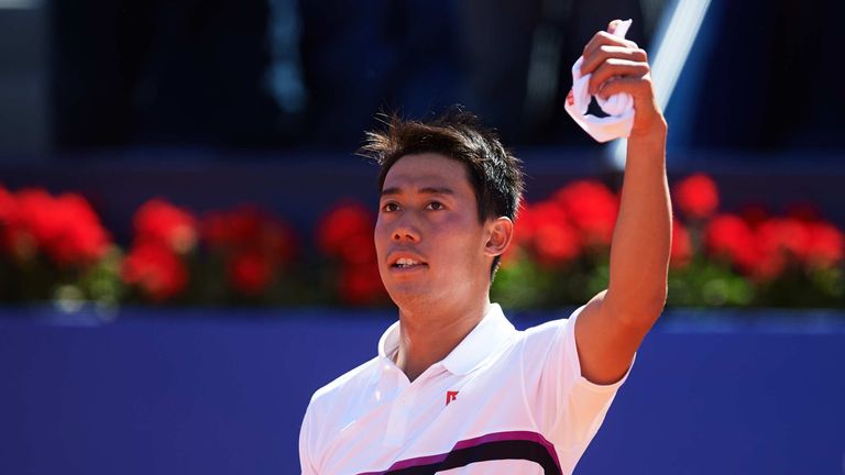 Kei Nishikori of Japan celebrates defeating Roberto Carballes Baena of Spain during their quarter final match during day five of the Barcelona Open Banc Sabadell at Real Club De Tenis Barcelona on April 26, 2019 in Barcelona, Spain.