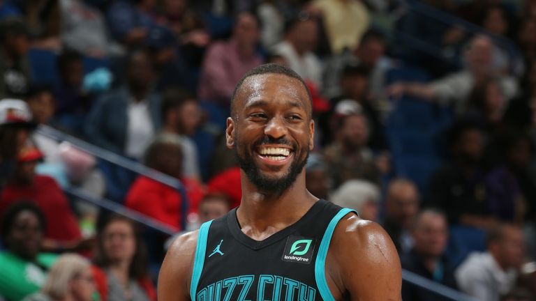 Kemba Walker #15 of the Charlotte Hornets smiles against the New Orleans Pelicans on April 3, 2019 at the Smoothie King Center in New Orleans, Louisiana.