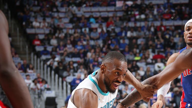 Kemba Walker #15 of the Charlotte Hornets jocks for a position during the game against the Detroit Pistons on April 7, 2019 at Little Caesars Arena in Detroit, Michigan.