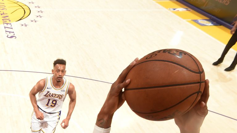Kentavious Caldwell-Pope #1 of the Los Angeles Lakers dunks the ball against the Utah Jazz on April 7, 2019 at STAPLES Center in Los Angeles, California.