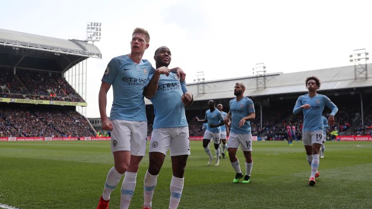 Raheem Sterling and Kevin De Bruyne celebrate one of Manchester City's goals against Crystal Palace