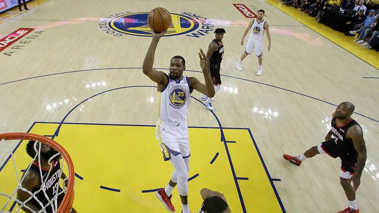 Kevin Durant #35 of the Golden State Warriors shoots against the Houston Rockets during Game One of the Second Round of the 2019 NBA Western Conference Playoffs at ORACLE Arena on April 28, 2019 in Oakland, California.