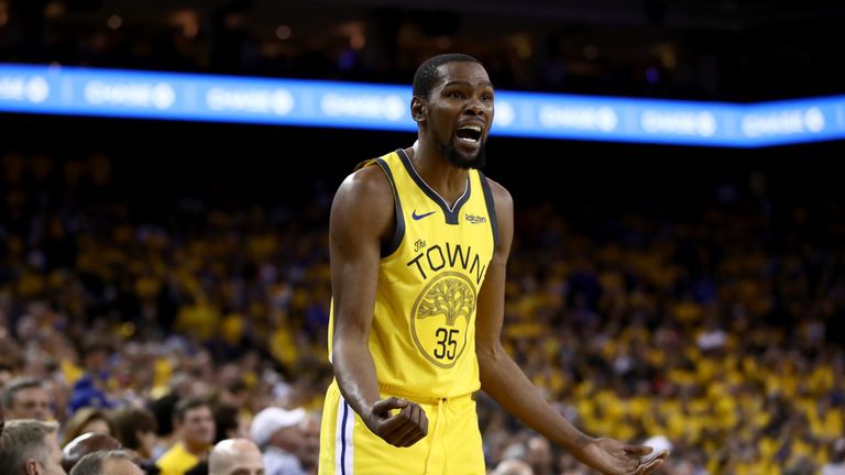 Kevin Durant questions a call in Game 2 of Round One against the LA Clippers during the 2019 NBA Playoffs