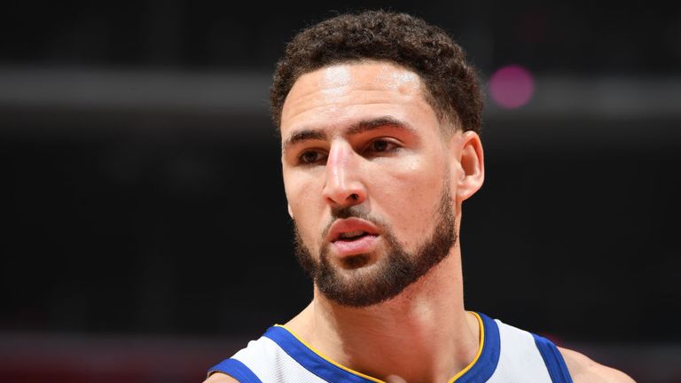 Klay Thompson of the Golden State Warriors looks on against the LA Clippers during Game Four of Round One of the 2019 NBA Playoffs